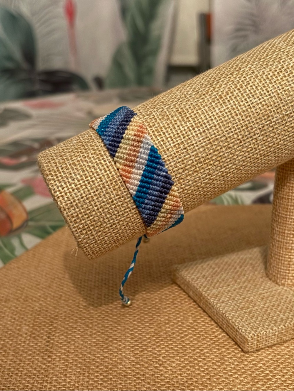 Handwoven Blue & Peach Chevron Mens Bracelet